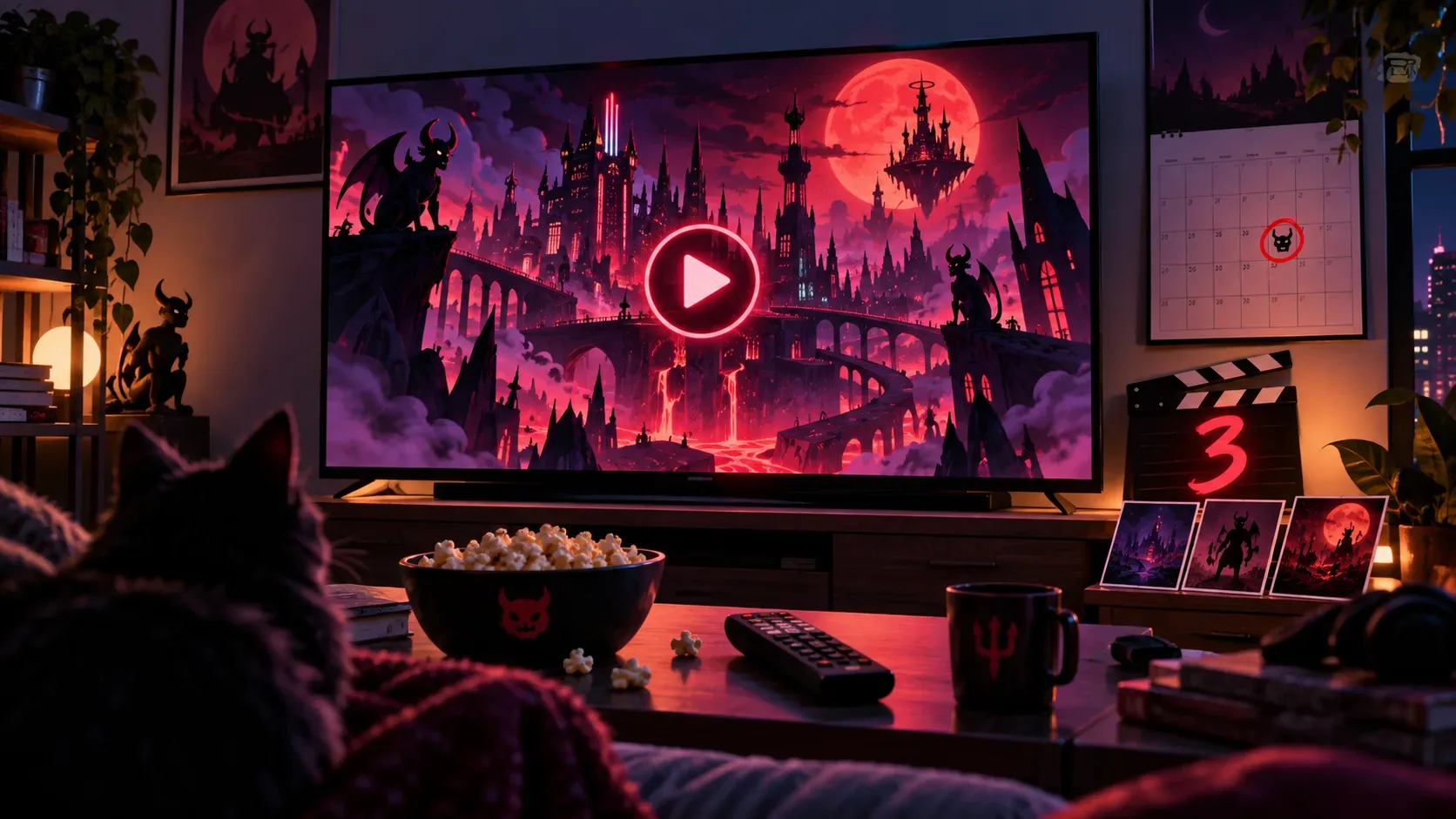 Sala escura com TV exibindo uma cidade infernal animada em tons vermelhos e roxos, ícone de reprodução, calendário e claquete com o número 3.