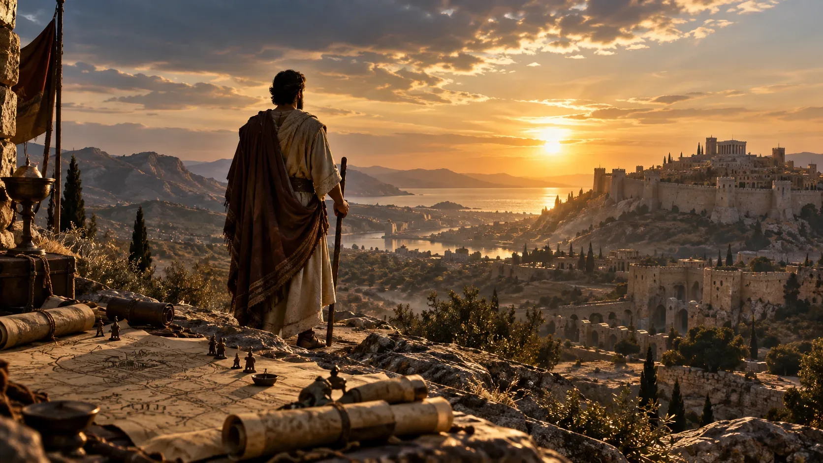 Figura histórica masculina vista de costas observa uma cidade antiga ao pôr do sol, com mapa e pergaminhos em primeiro plano.