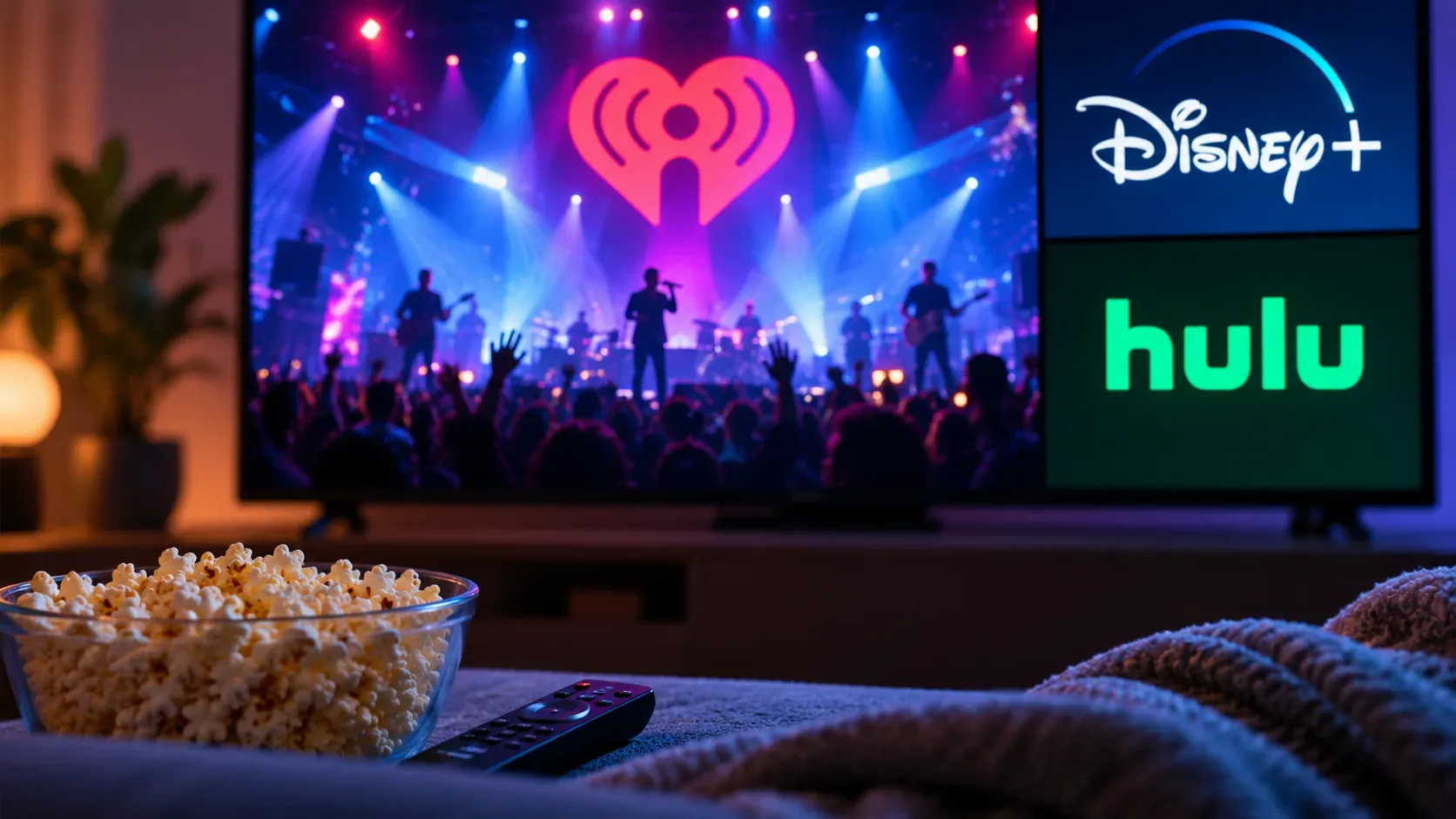 Sala de estar com TV exibindo um show colorido, referências visuais ao Disney+ e Hulu na tela, tigela de pipoca e controle remoto em primeiro plano.