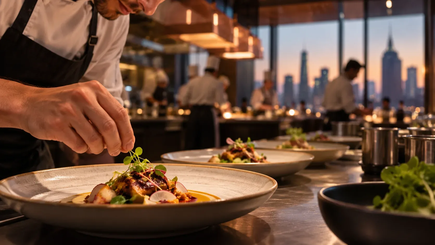 Chef finalizando um prato sofisticado em cozinha aberta de restaurante, com equipe ao fundo e skyline urbano ao entardecer.