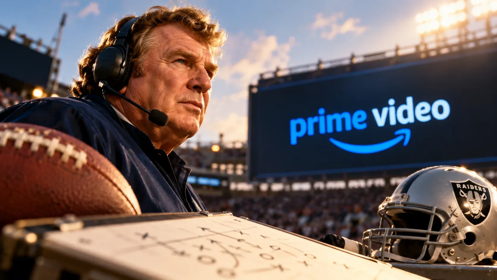 Homem mais velho usando headset de treinador em estádio de futebol americano, com bola, prancheta tática, capacete dos Raiders e painel do Prime Video ao fundo.