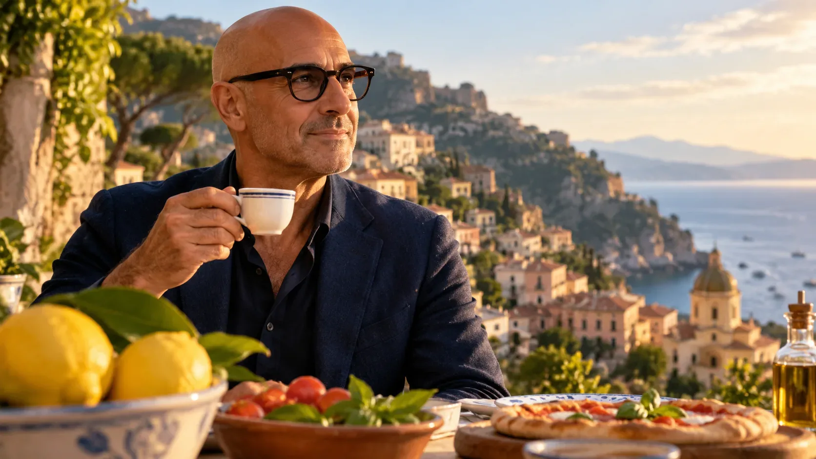 Homem careca de óculos tomando café em um terraço italiano, com limões, comida e uma cidade costeira ao fundo.
