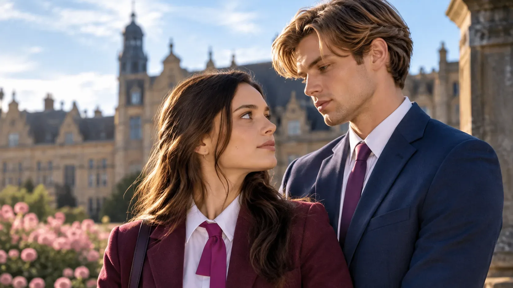 Casal jovem em uniformes escolares diante de um prédio histórico, em composição romântica que remete a Ruby e James de Maxton Hall.