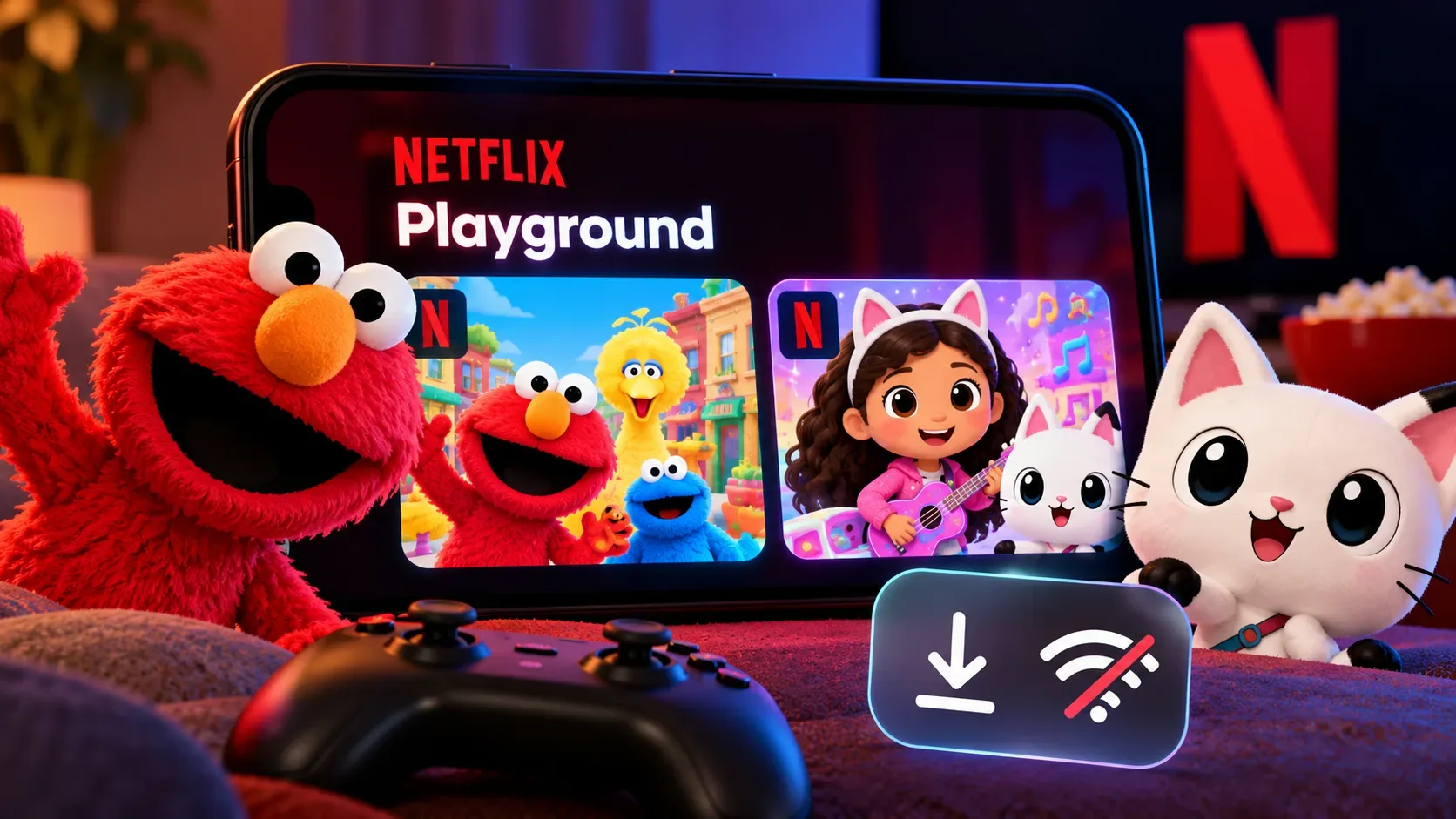 Tablet com Netflix Playground, personagens infantis, controle de videogame e símbolo de jogo offline.