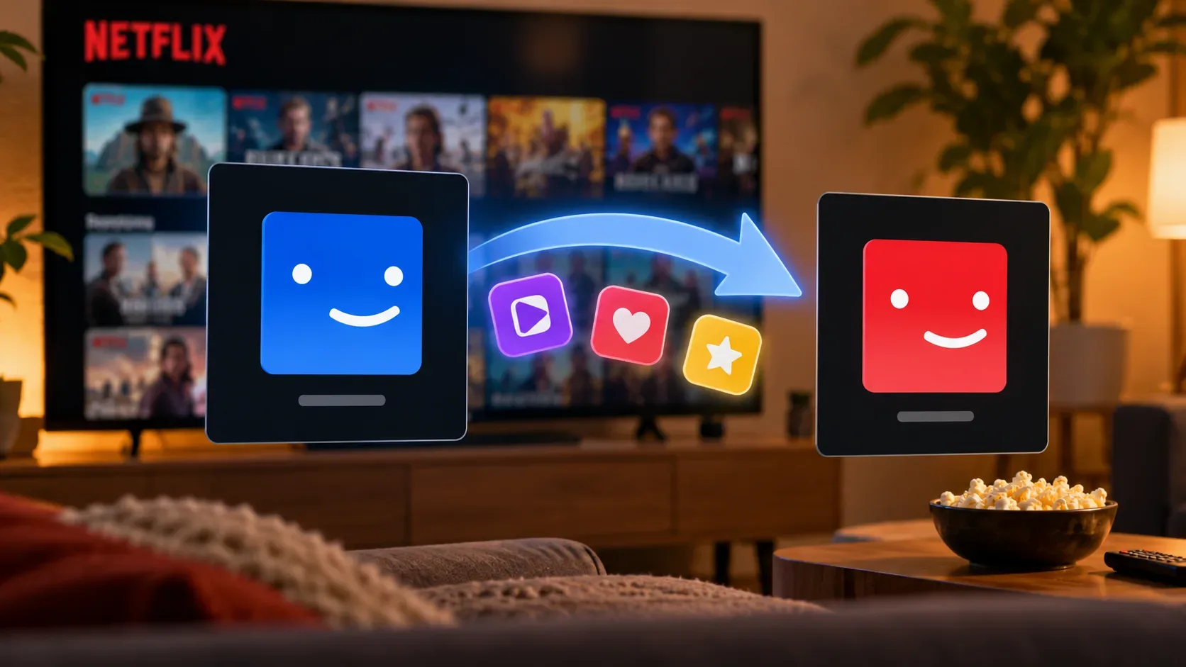 Sala com TV ao fundo e dois cartões de perfil conectados por uma seta luminosa, simbolizando a transferência de preferências de uma conta para outra.