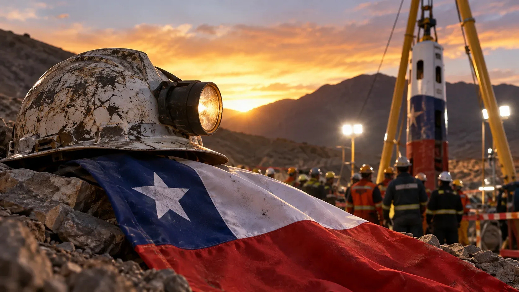 Capacete de mineiro com lanterna acesa sobre rochas ao lado da bandeira do Chile, com cápsula de resgate e equipe ao fundo em uma mina ao pôr do sol.