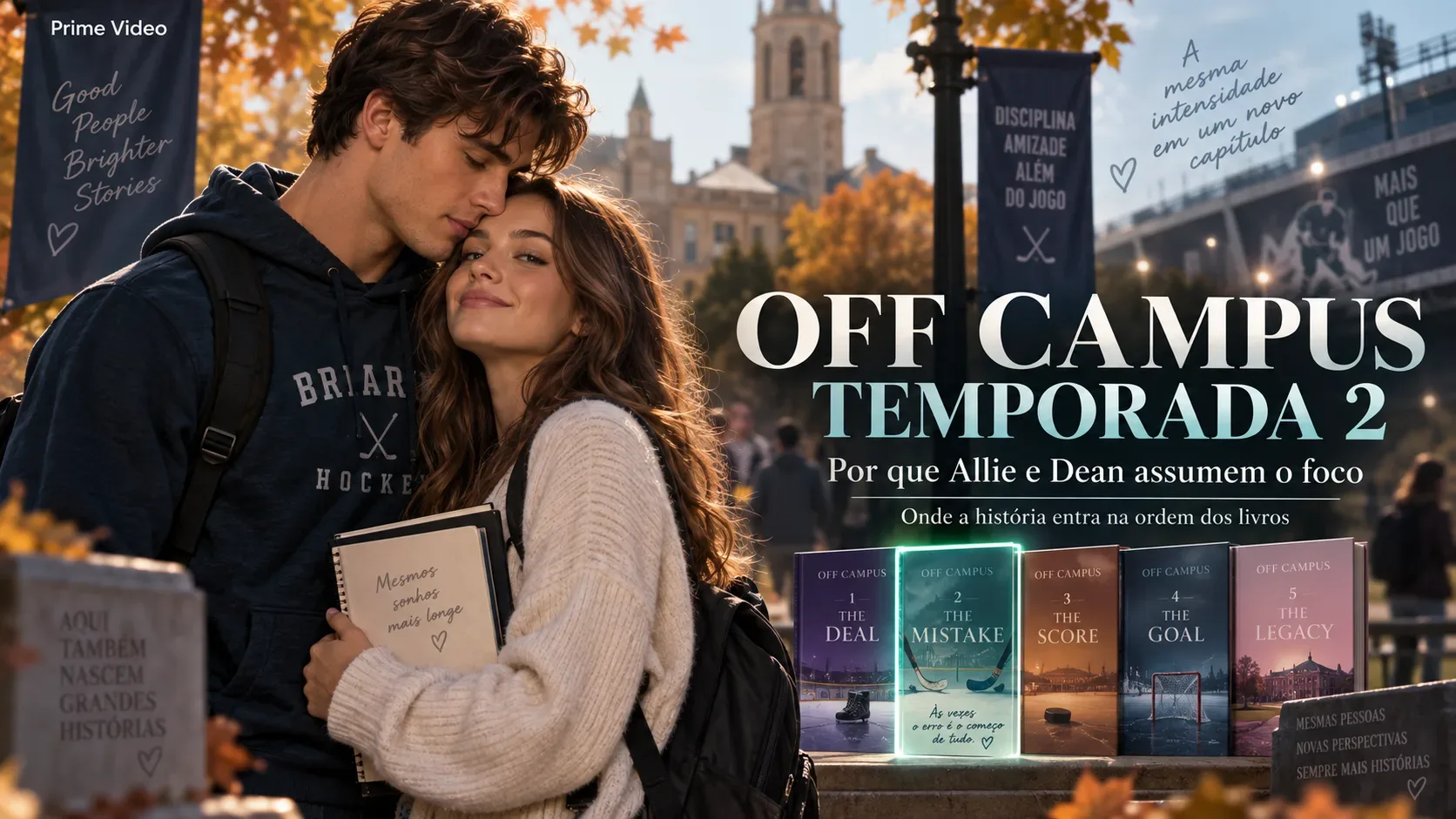 Casal jovem em um campus universitário no outono, com referências a hóquei e cinco livros de Off Campus alinhados em primeiro plano.