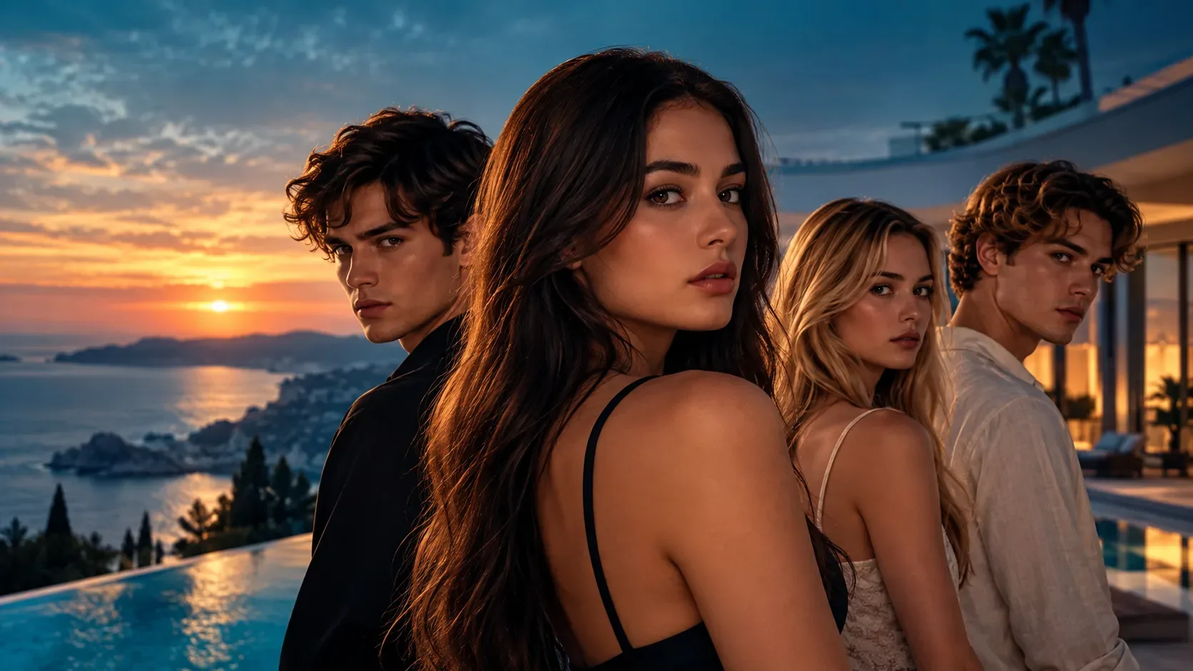 Quatro jovens em frente a uma villa luxuosa à beira-mar ao pôr do sol, em composição cinematográfica de suspense.