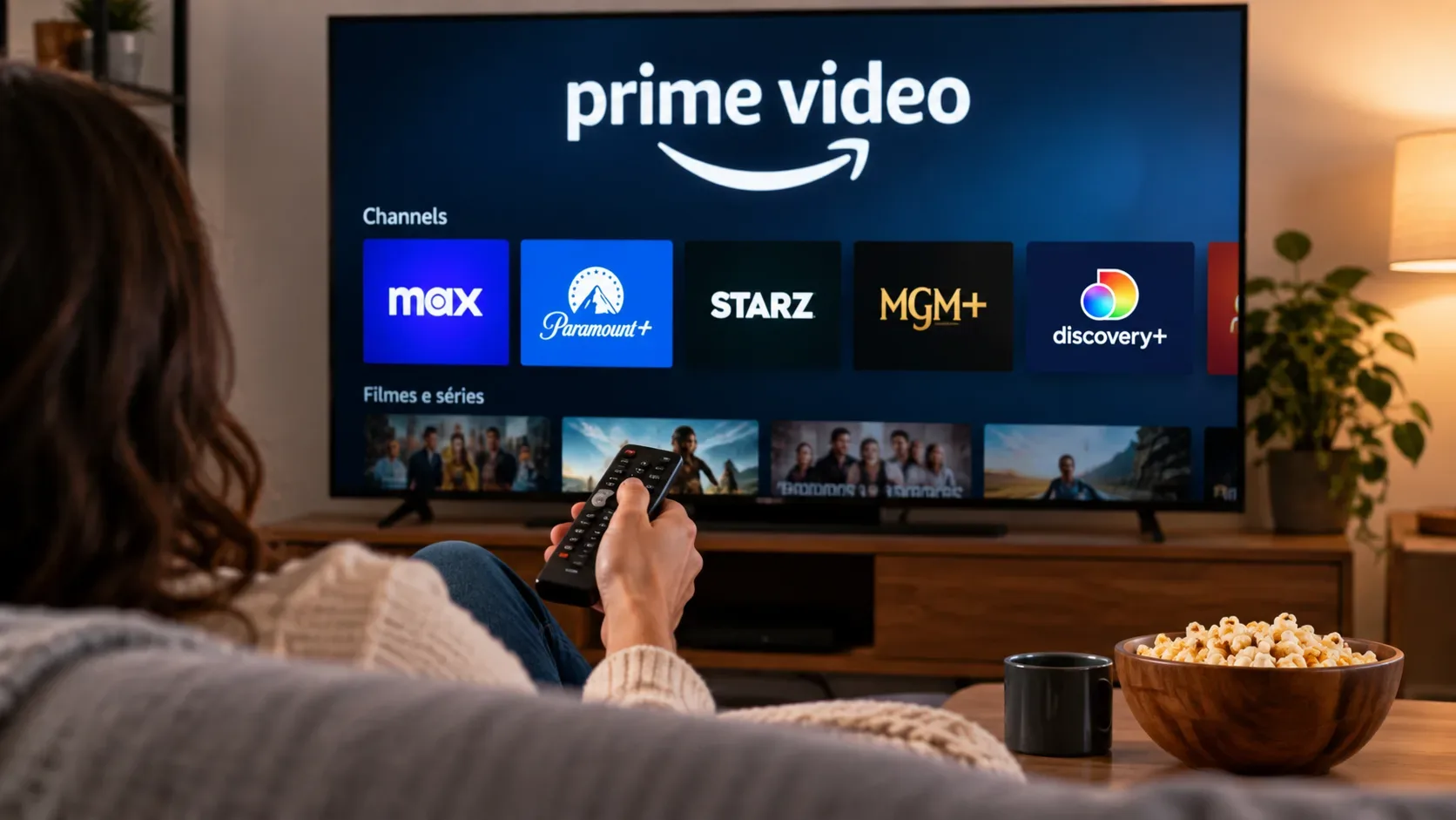 Pessoa segura um controle remoto diante de uma TV com a interface do Prime Video e vários canais adicionais exibidos em uma sala de estar.