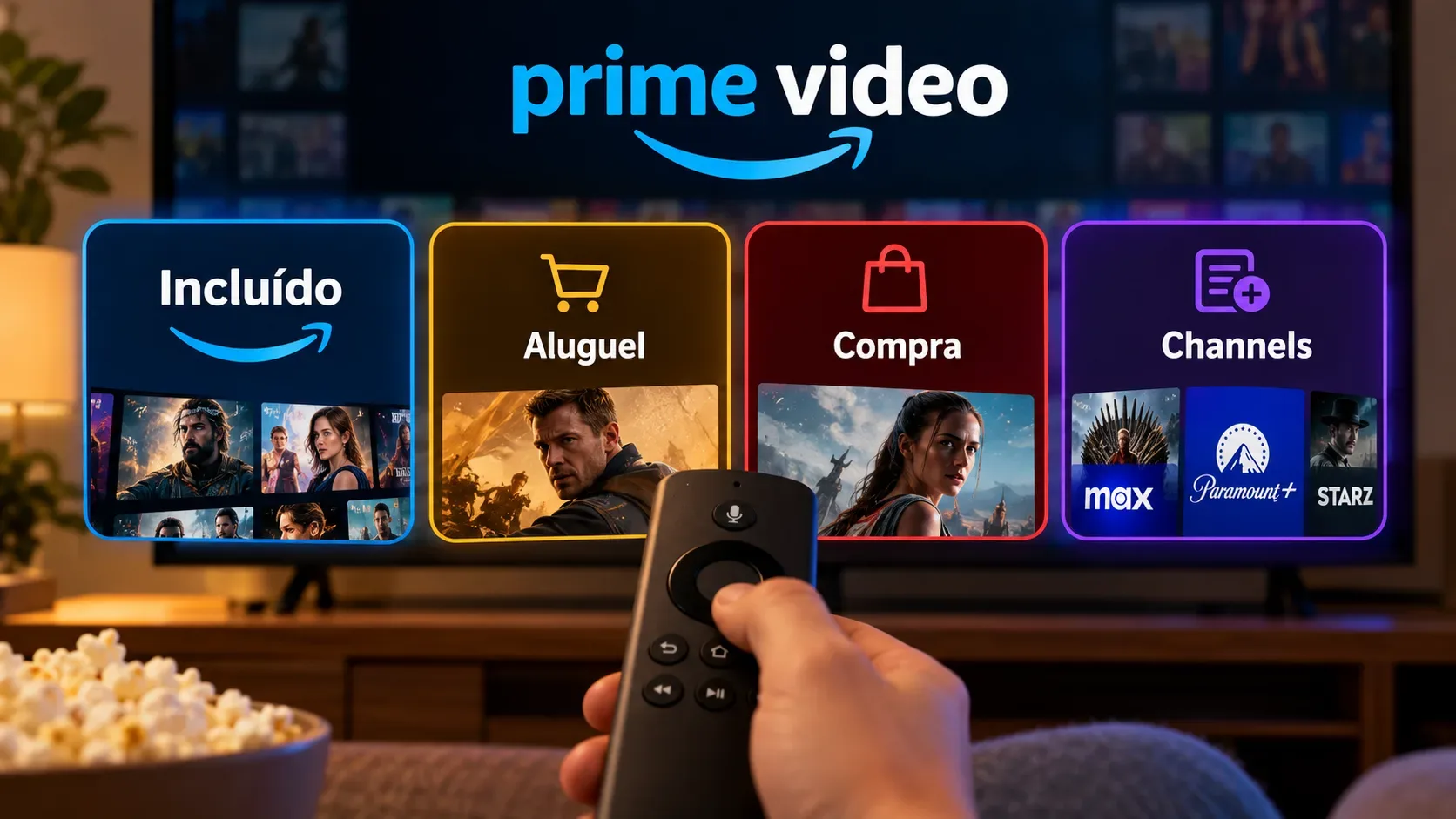 Tela de TV com Prime Video mostrando quatro opções de acesso: Incluído, Aluguel, Compra e Channels, com um controle remoto em primeiro plano.