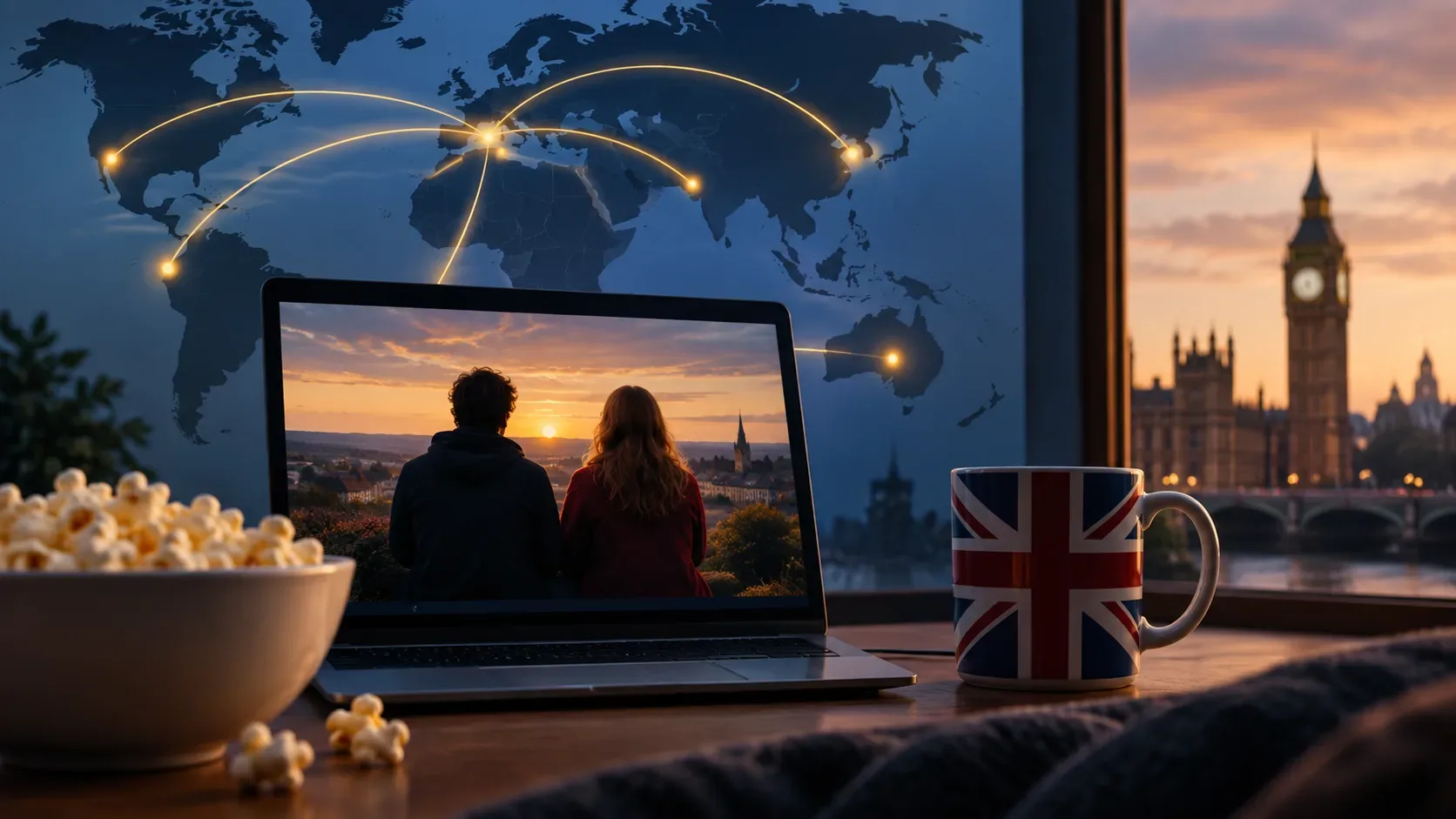Laptop exibindo duas pessoas diante de uma paisagem ao pôr do sol, com mapa-múndi iluminado ao fundo, caneca com a bandeira britânica, pipoca e Big Ben pela janela.