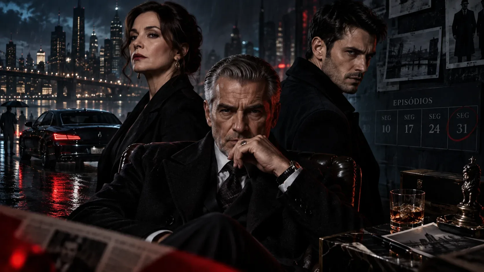 Três personagens de um drama criminal em primeiro plano, com cidade chuvosa à noite, carro preto e painel discreto de datas ao fundo.