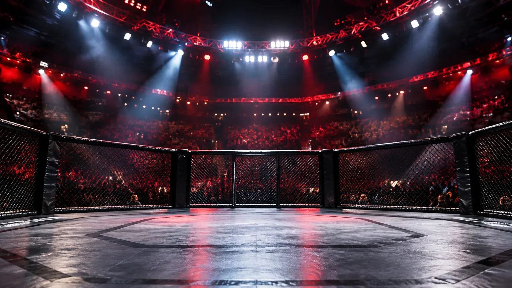 Octógono de MMA vazio sob luzes vermelhas e brancas diante de uma arena lotada.