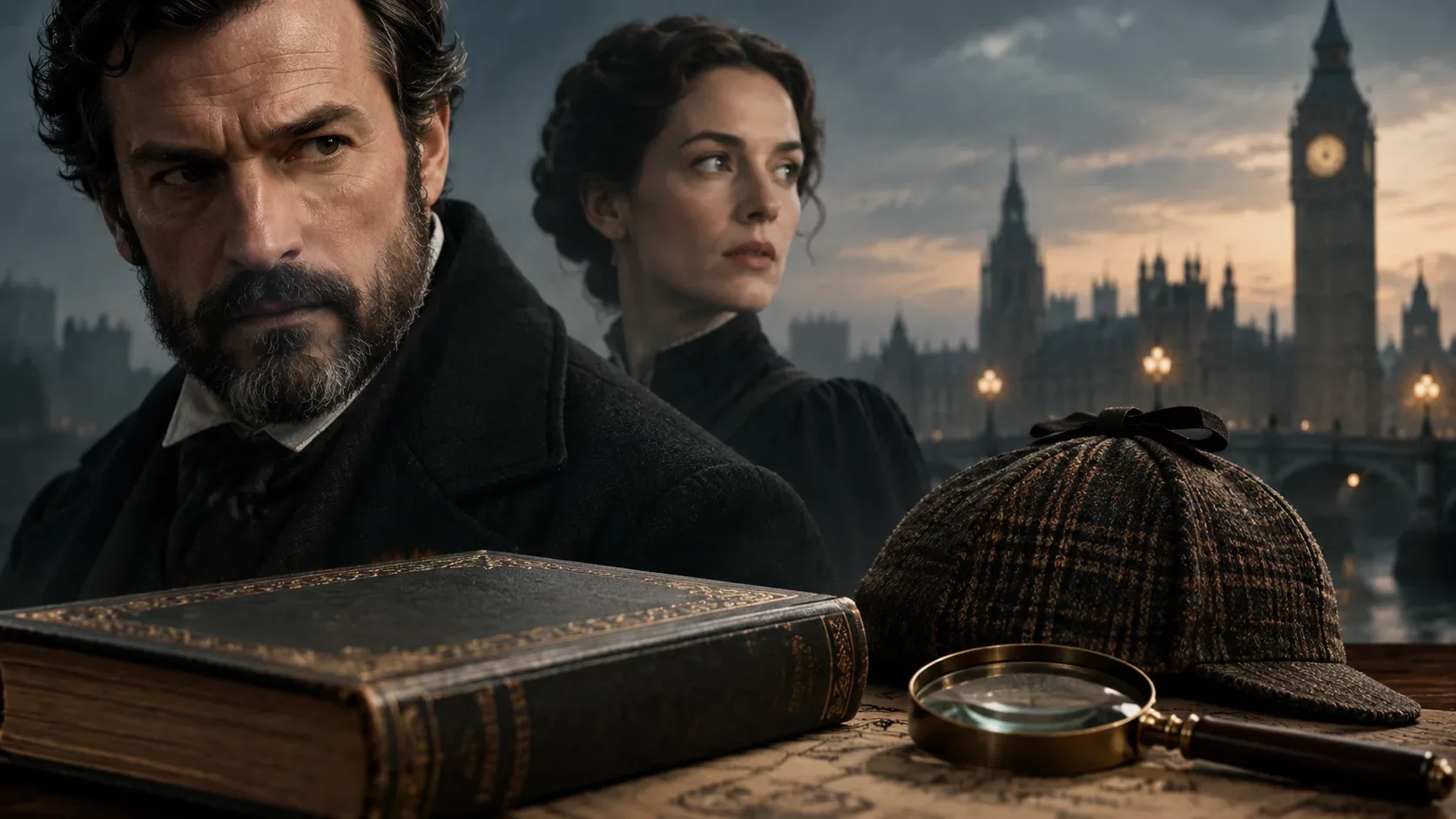 Homem e mulher em trajes de época diante de Londres, com livro antigo, boné xadrez e lupa sobre uma mesa.
