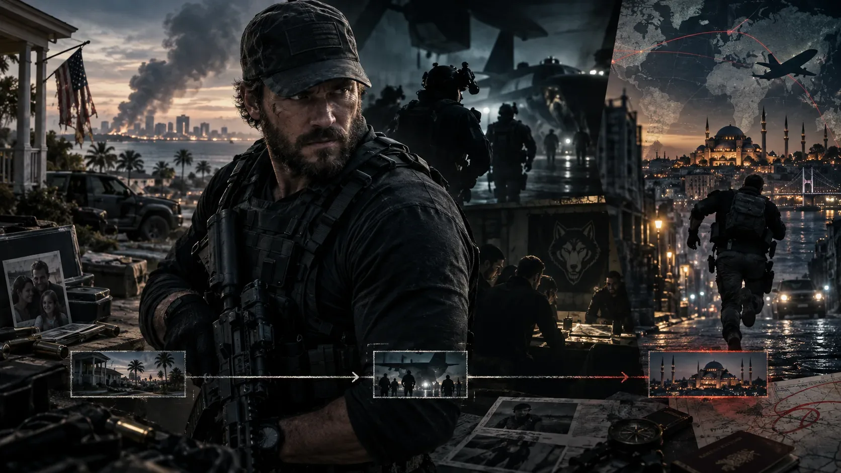 Homem barbado com equipamento tático em primeiro plano, cercado por soldados, mapas de rotas e uma cidade noturna em composição de suspense militar.