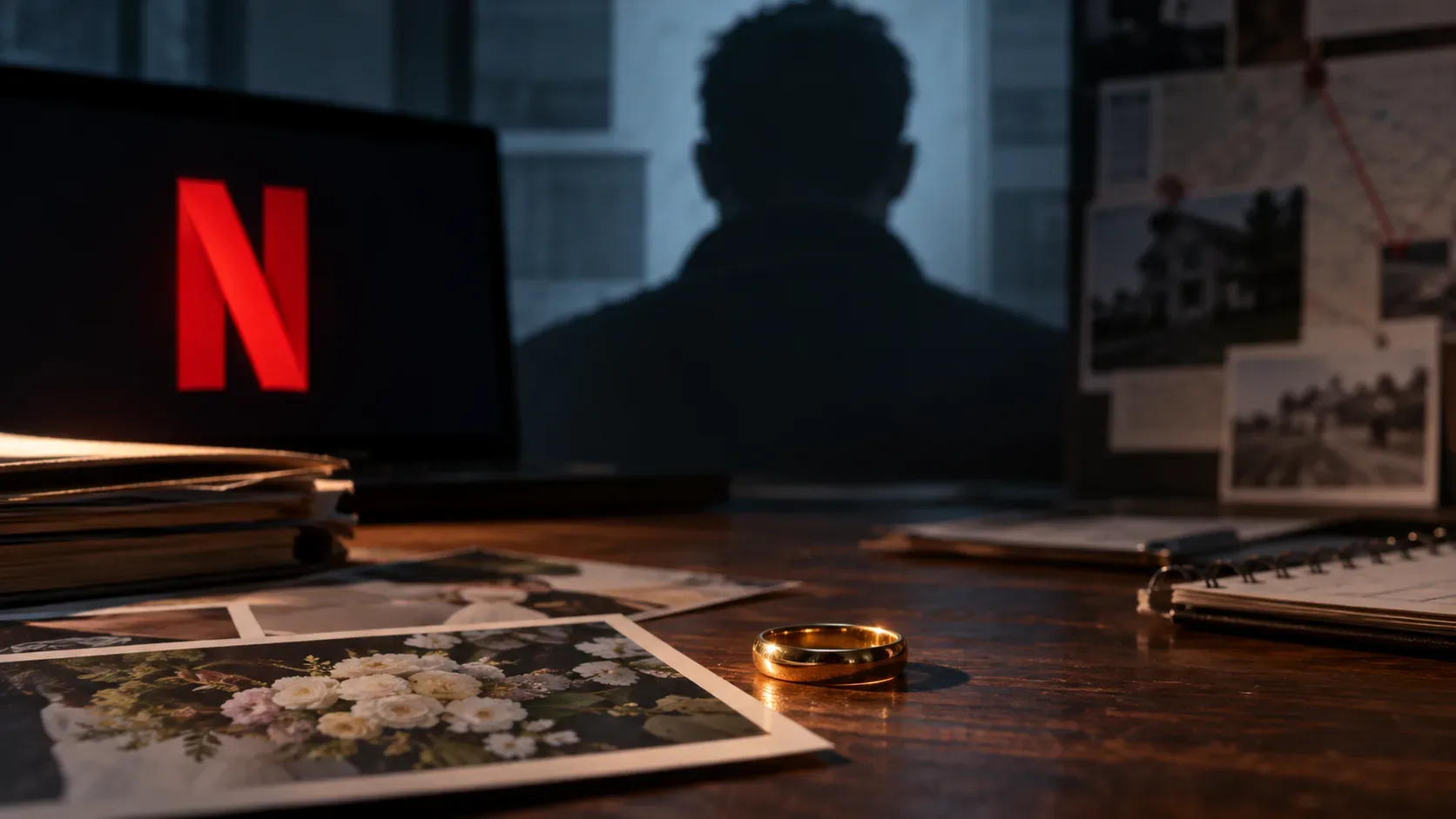 Aliança dourada sobre mesa com fotografias e arquivos de investigação, figura em sombra ao fundo e tela com símbolo vermelho da Netflix.