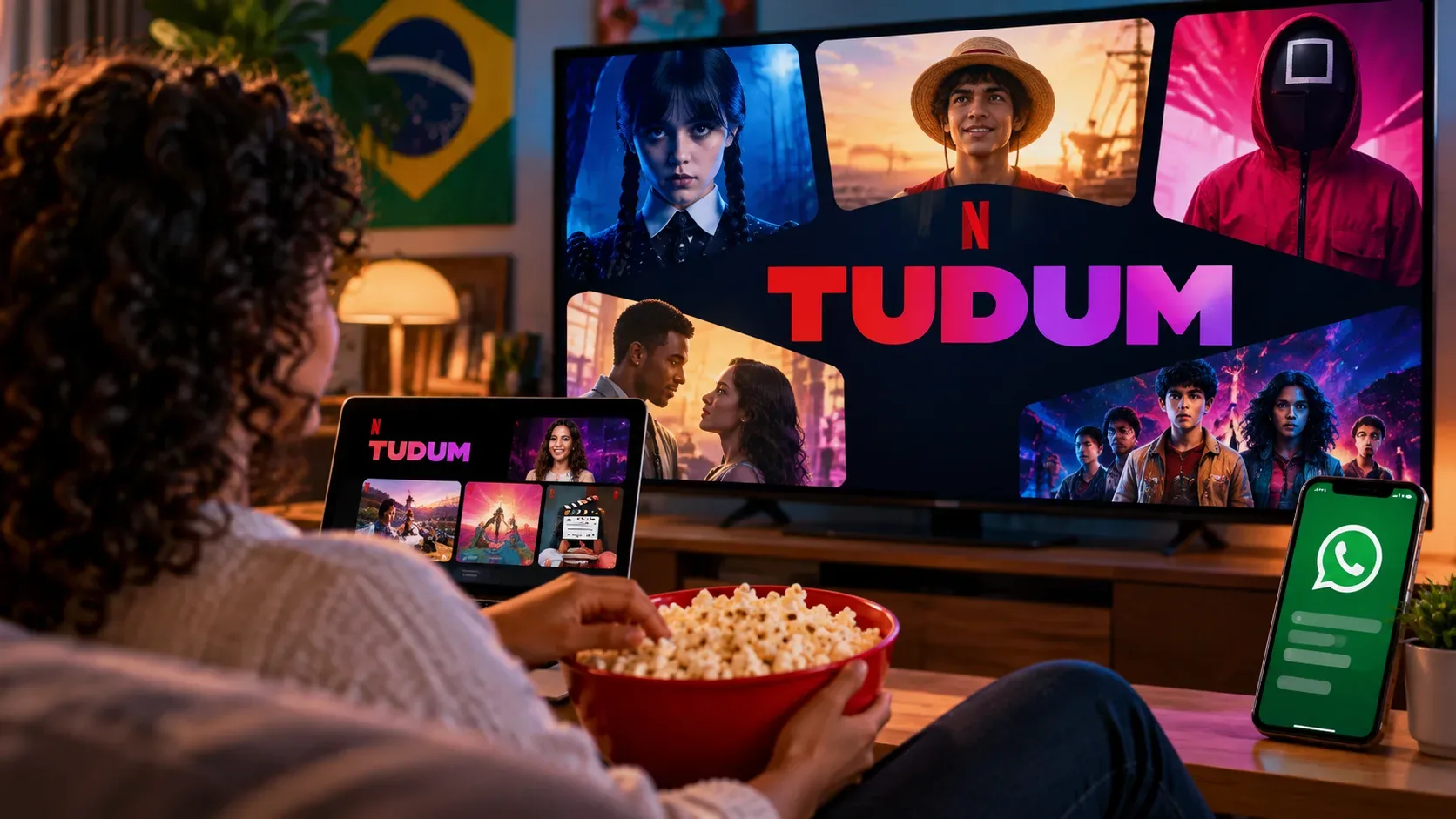 Pessoa com tigela de pipoca diante de TV e notebook exibindo Tudum, com celular mostrando WhatsApp e referência visual ao Brasil.