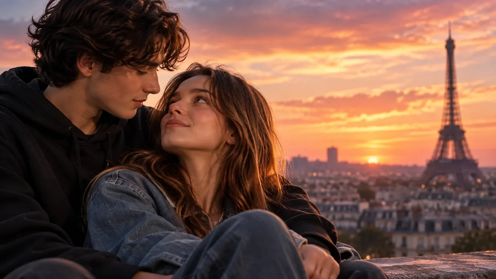 Casal jovem abraçado em um terraço de Paris ao pôr do sol, com a Torre Eiffel desfocada ao fundo.