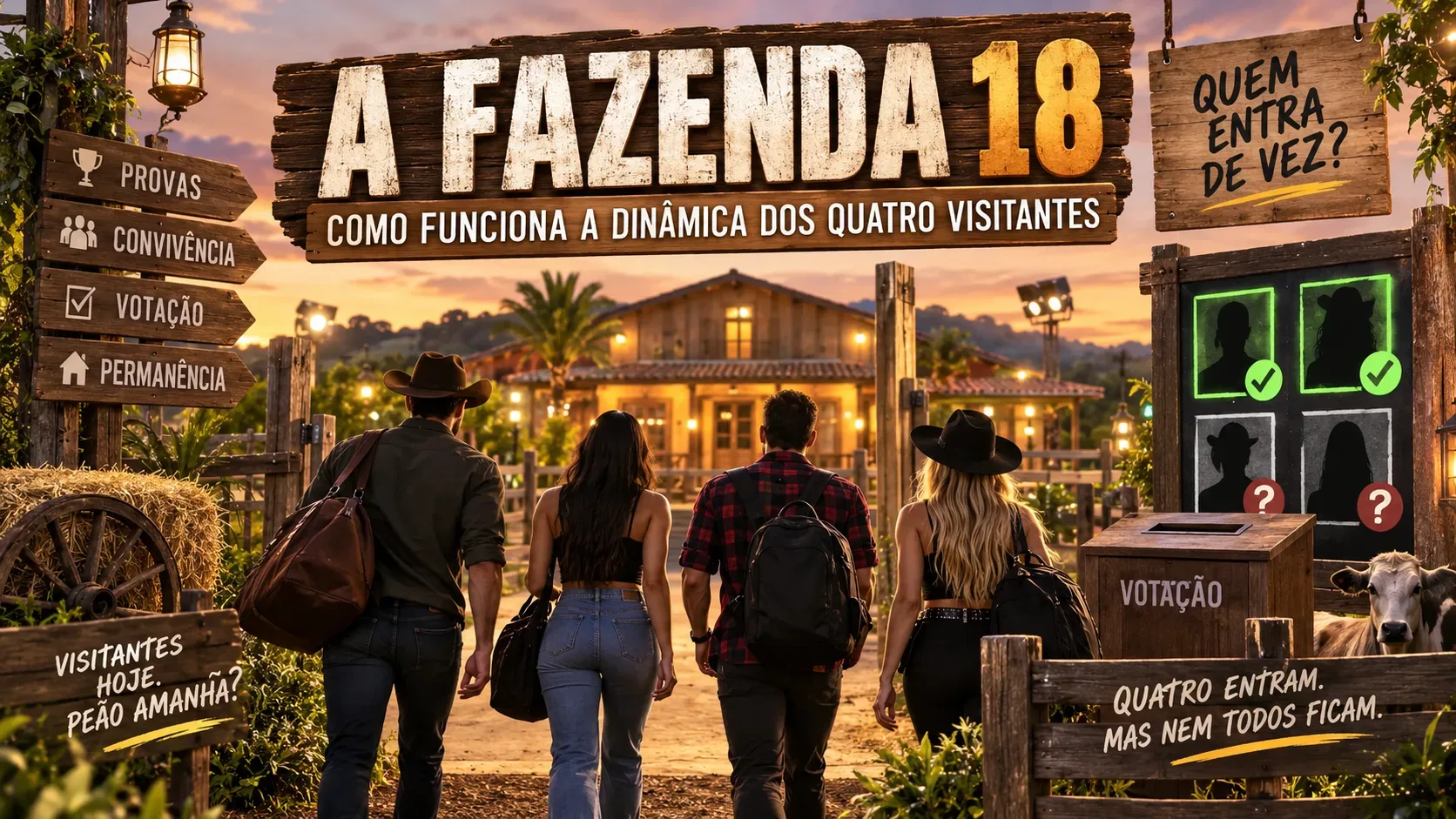 Quatro visitantes vistos de costas caminham em direção a uma sede rural ao pôr do sol, cercados por placas sobre provas, votação e permanência.