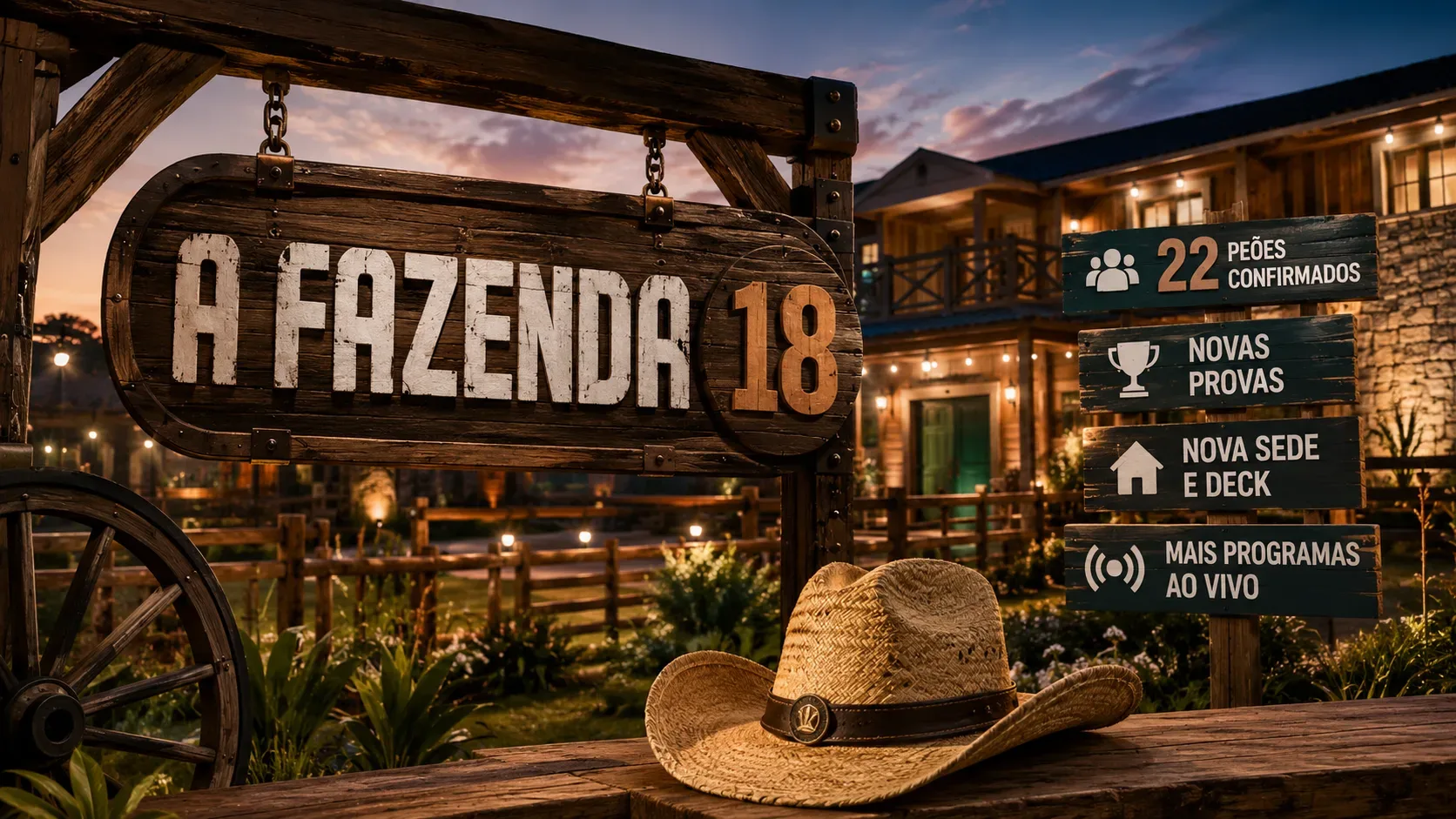 Cenário rural ao entardecer com placa de madeira de A Fazenda 18, chapéu de palha e placas laterais destacando novidades da temporada.