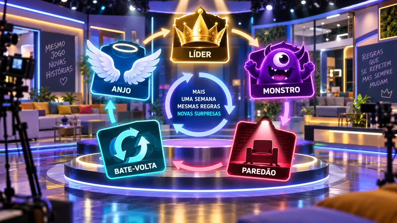 Cenário colorido de reality show com palco circular e cartões luminosos de Líder, Anjo, Monstro, Paredão e Bate-Volta conectados por setas.