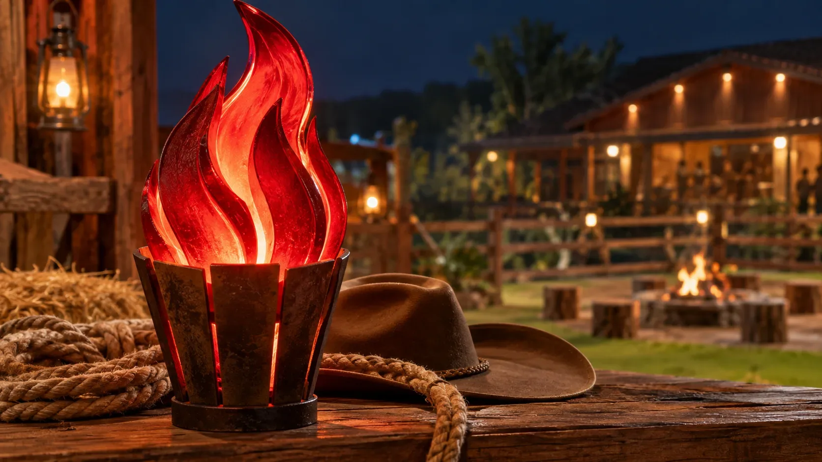 Chama vermelha luminosa sobre mesa rústica com chapéu de cowboy e corda, em cenário noturno de fazenda.
