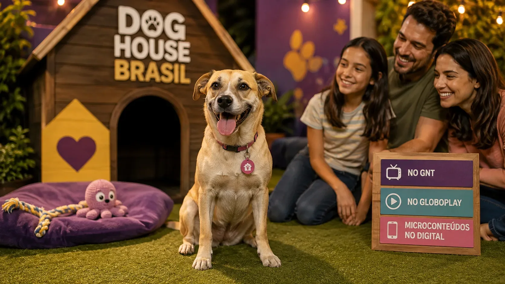 Cão sentado diante de uma casinha cenográfica enquanto uma família sorri ao lado, em ambiente acolhedor com referências ao GNT e Globoplay.