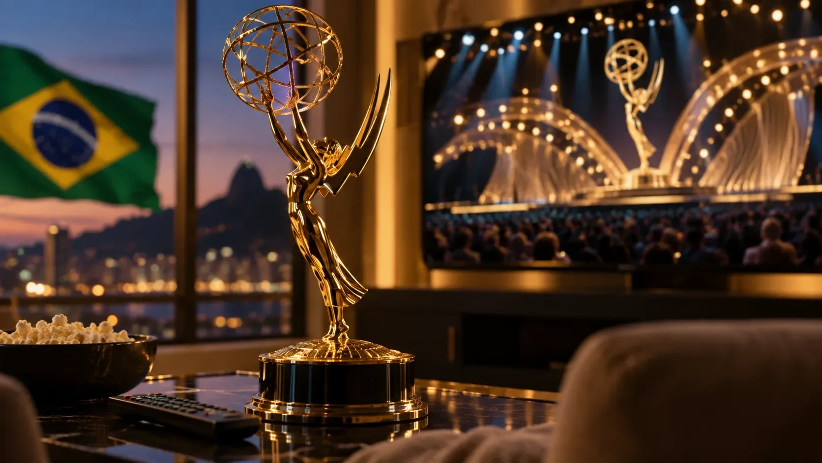 Estatueta dourada inspirada no Emmy sobre uma mesa com pipoca e controle remoto, diante de uma TV com palco de premiação e bandeira do Brasil ao fundo.