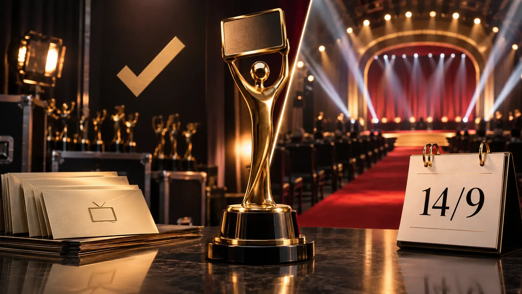 Troféu dourado genérico de televisão entre uma área marcada como concluída e um palco iluminado, com calendário 14/9 ao lado.