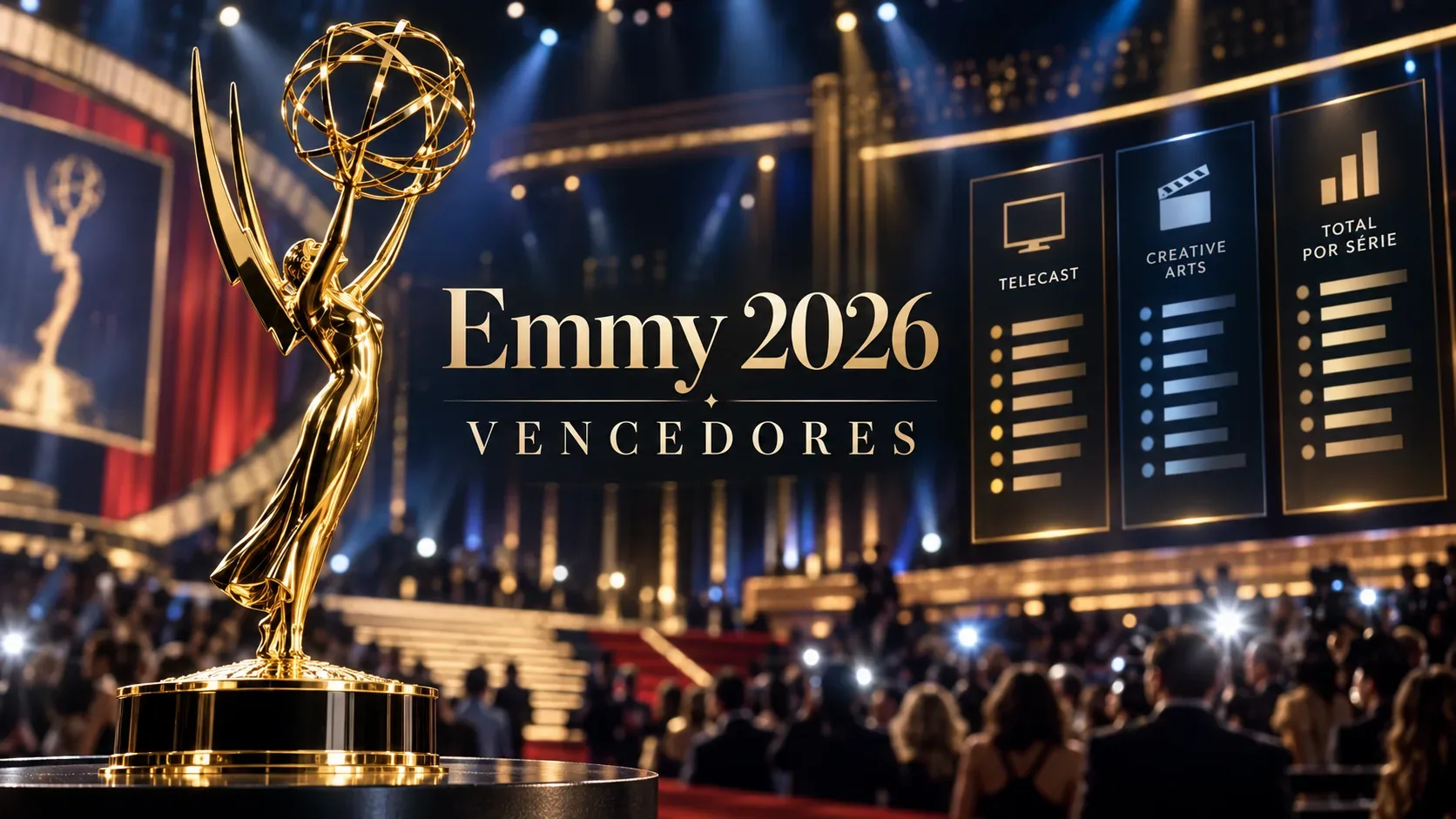 Troféu dourado em cerimônia de premiação com o texto “Emmy 2026 Vencedores” e painéis de telecast, Creative Arts e total por série.