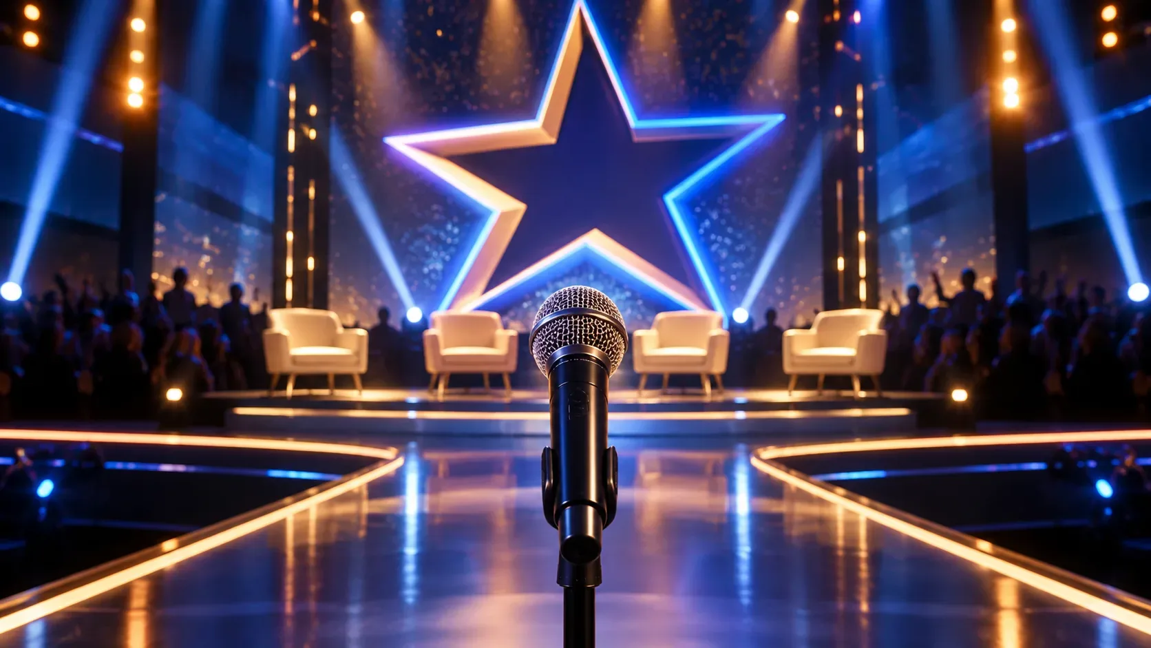 Palco de reality musical com microfone em primeiro plano, grande estrela luminosa ao fundo e cadeiras sob luzes azuis e douradas.