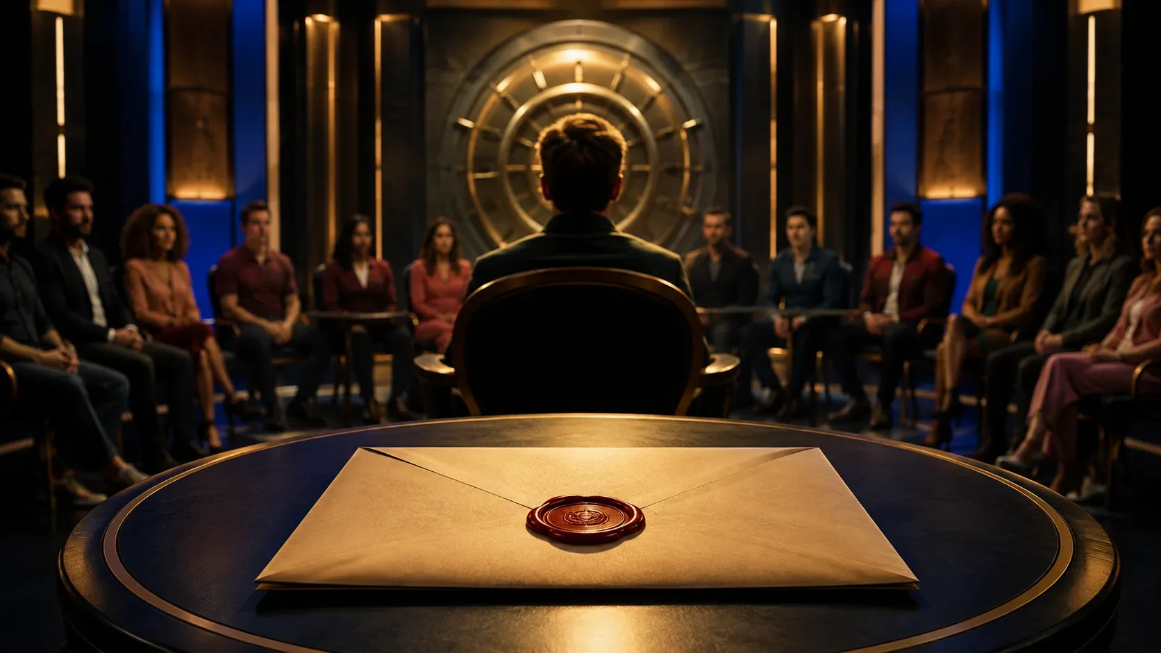 Envelope selado sobre uma mesa diante de um participante de costas e um semicírculo de competidores em um cenário de reality com atmosfera de cofre.