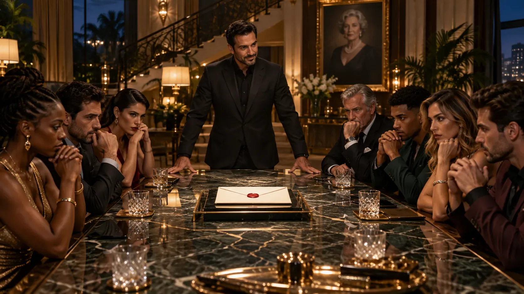 Participantes reunidos em torno de uma mesa de mármore com um envelope de herança lacrado, enquanto um anfitrião fica de pé em uma mansão luxuosa.