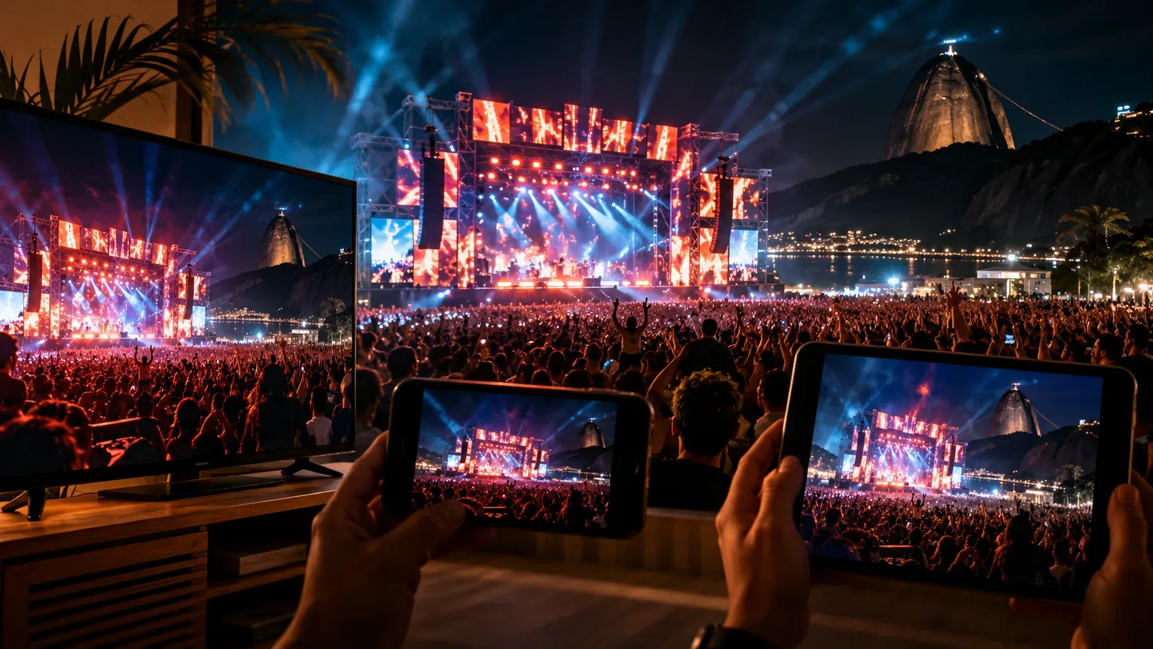 Palco de festival iluminado à noite diante de uma multidão, com TV, smartphone e tablet em primeiro plano exibindo o mesmo show ao vivo.