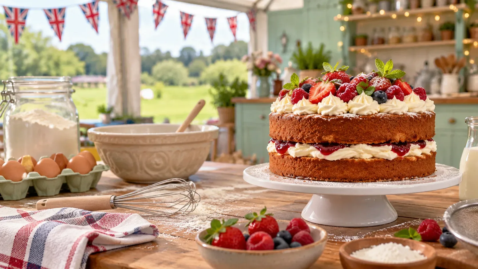 Bolo de duas camadas com creme e frutas vermelhas sobre bancada de confeitaria em uma tenda clara com utensílios de cozinha.