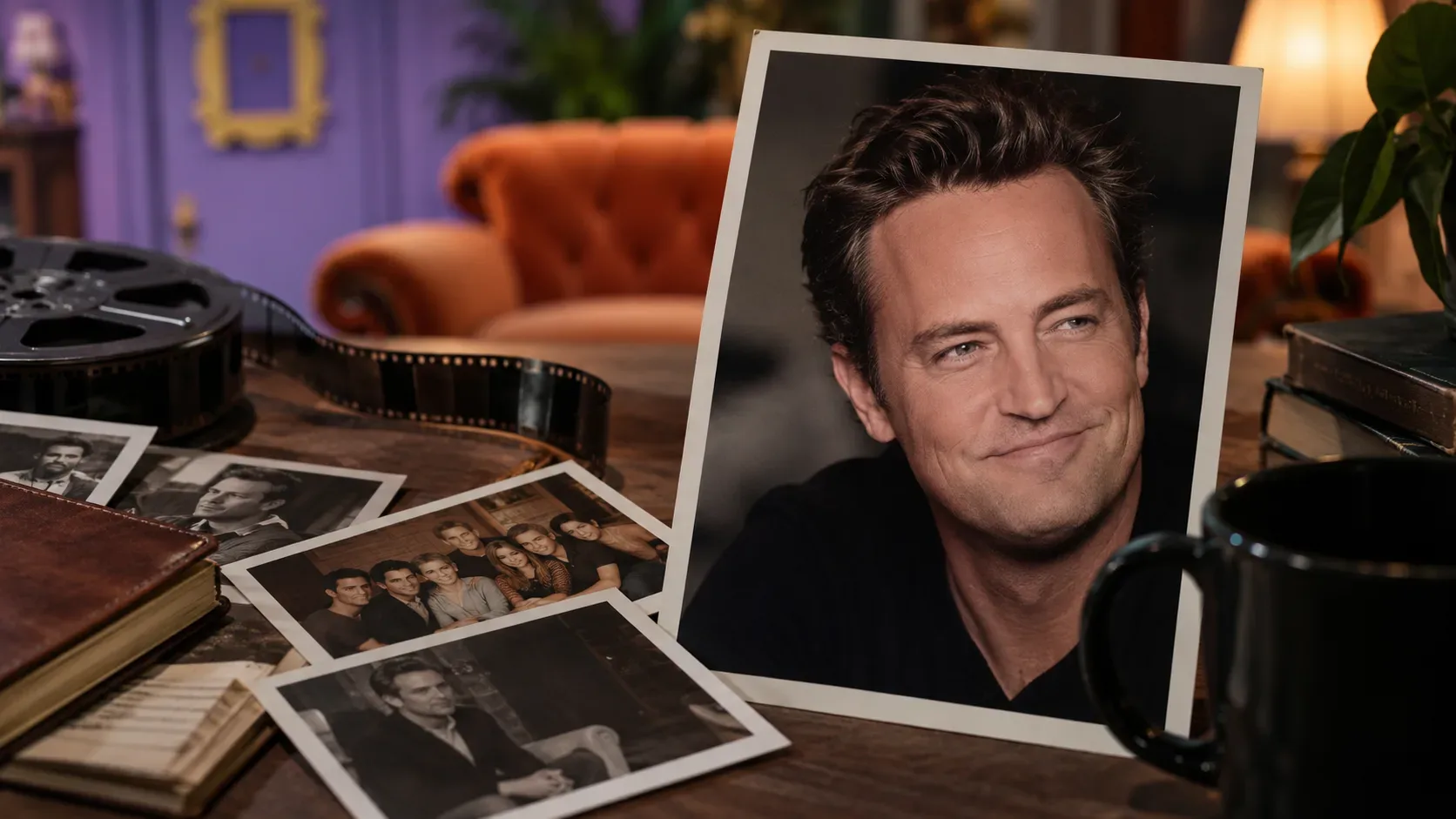 Mesa com retrato de Matthew Perry, fotografias, rolo de filme, caneca e cadernos diante de um cenário acolhedor inspirado em uma sala de sitcom.