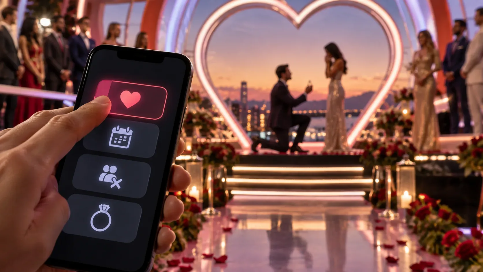 Mão segurando smartphone com ícones de votação diante de um cenário romântico de reality show, onde um homem faz um pedido de casamento ao vivo.