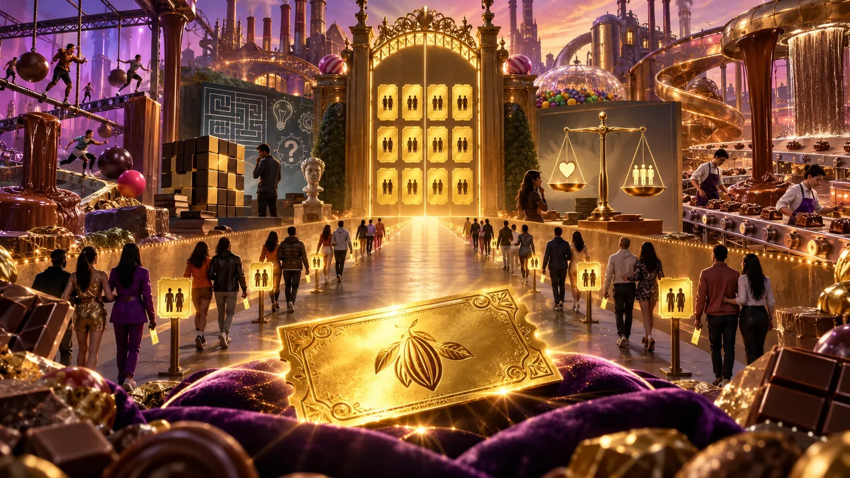 Bilhete dourado em primeiro plano diante de uma fábrica fantástica de chocolate, com duplas de competidores caminhando rumo aos portões e áreas de desafios ao fundo.