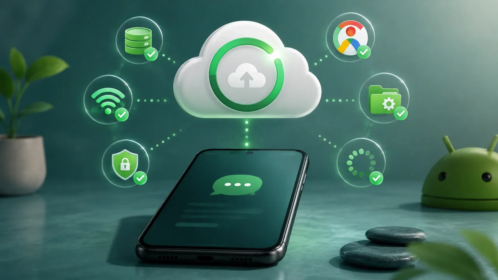 Smartphone Android sob uma nuvem de backup quase concluído, cercado por ícones de Wi‑Fi, armazenamento, permissões e sincronização.