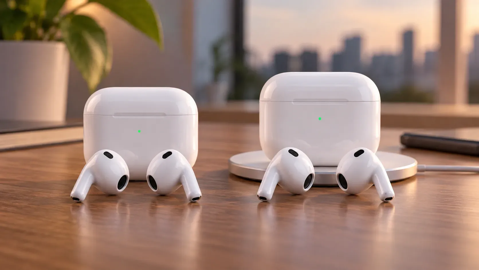 Dois pares de fones sem fio brancos diante de estojos de recarga, com um dos estojos apoiado sobre uma base de carregamento sem fio.