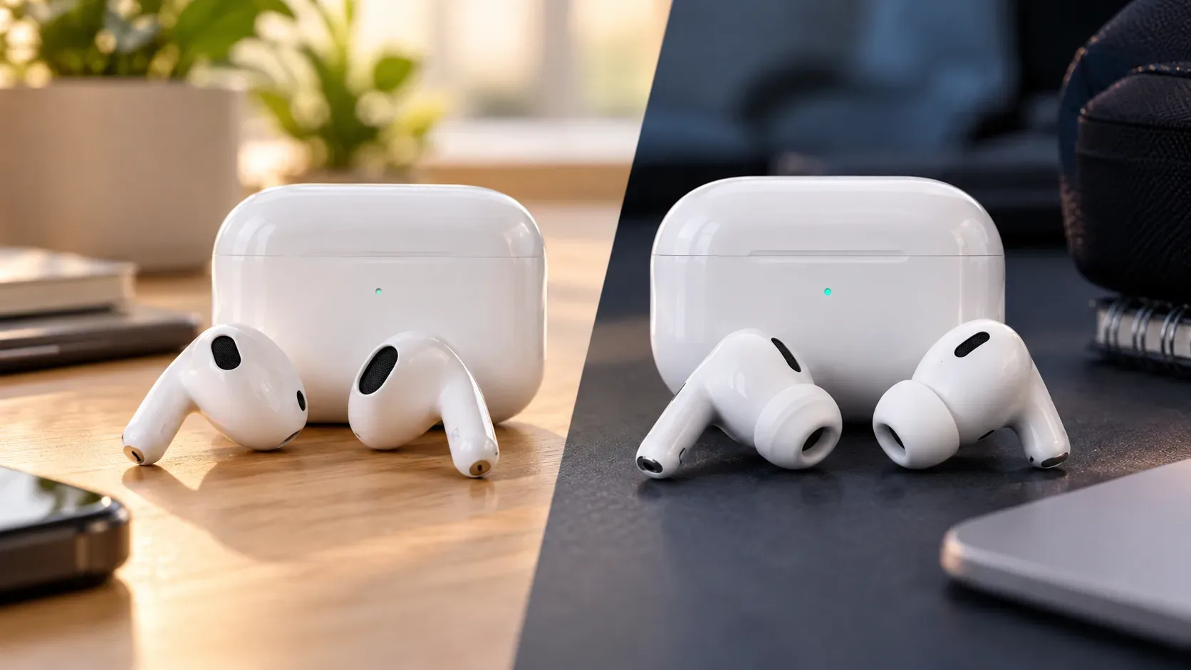 Dois pares de fones sem fio brancos lado a lado, um com encaixe aberto e outro com pontas de silicone, cada um diante do respectivo estojo de recarga.