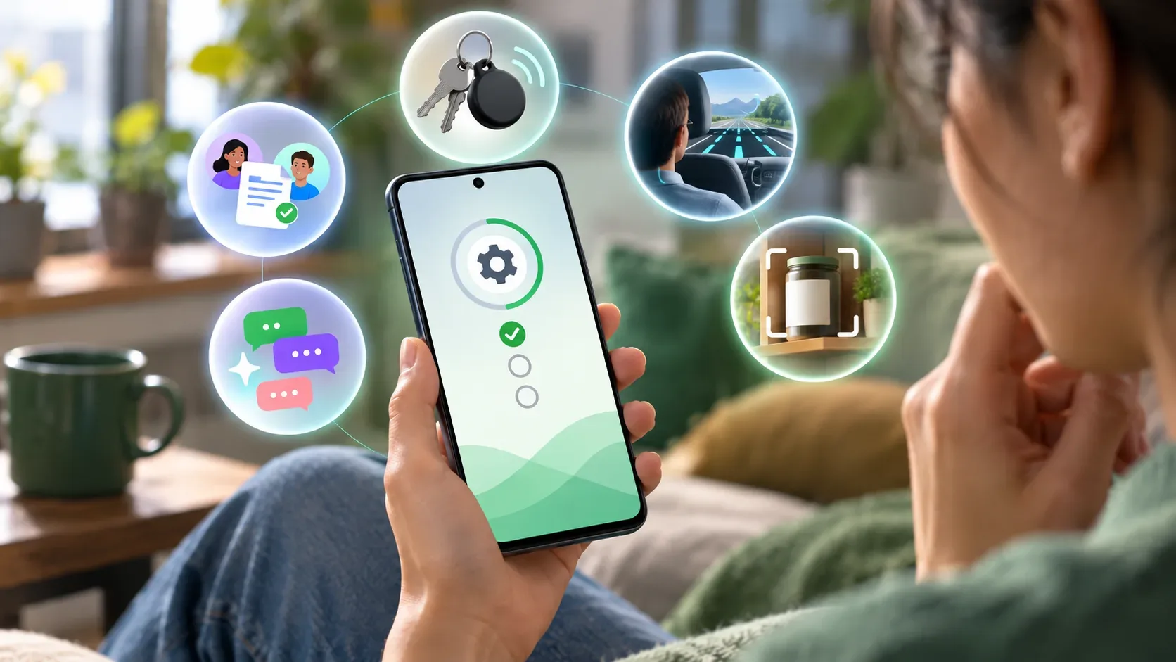 Pessoa segura um smartphone com símbolos de atualização e cinco elementos visuais ao redor representando localização de objetos, movimento em veículo, visão assistida, notas compartilhadas e personalização de conversas.