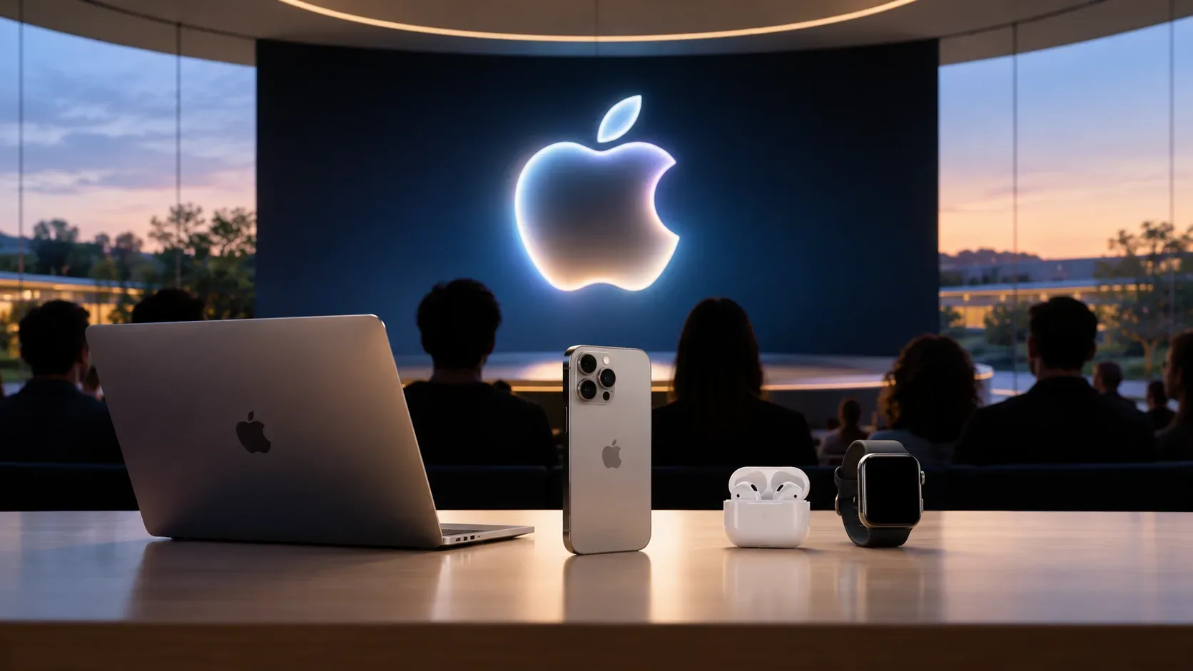 Palco de evento tecnológico com grande símbolo da Apple iluminado, público ao fundo e MacBook, iPhone, AirPods e Apple Watch sobre uma mesa.