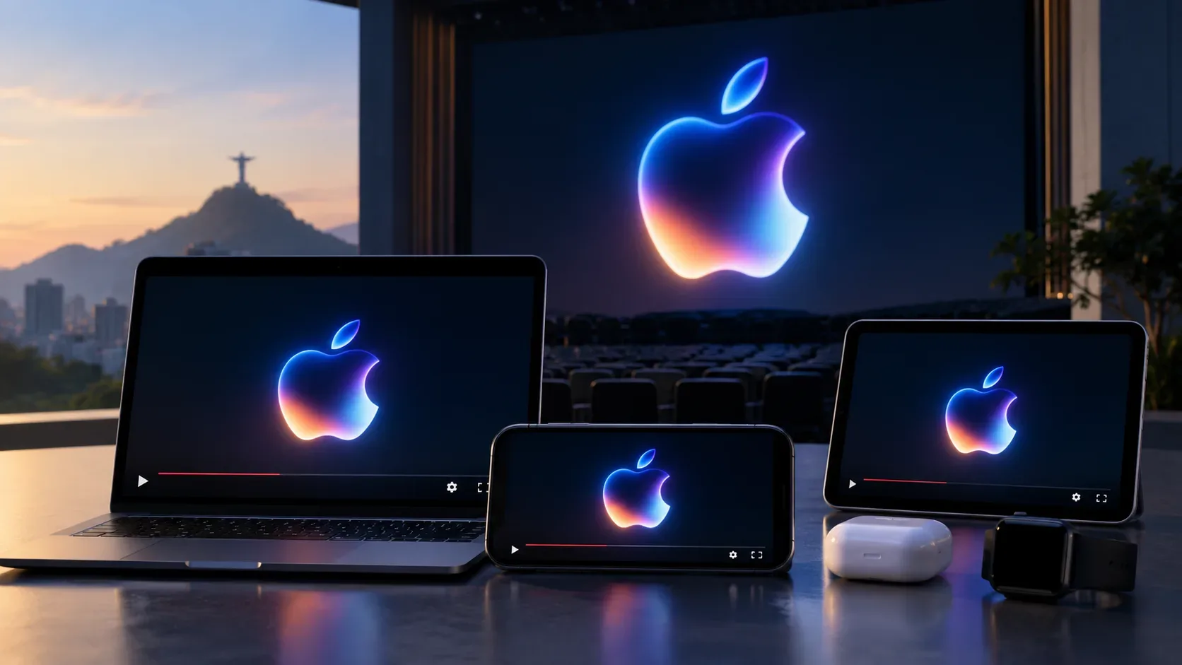 Notebook, smartphone e tablet mostram o símbolo luminoso da Apple diante de um auditório, com fones e relógio sobre a mesa.