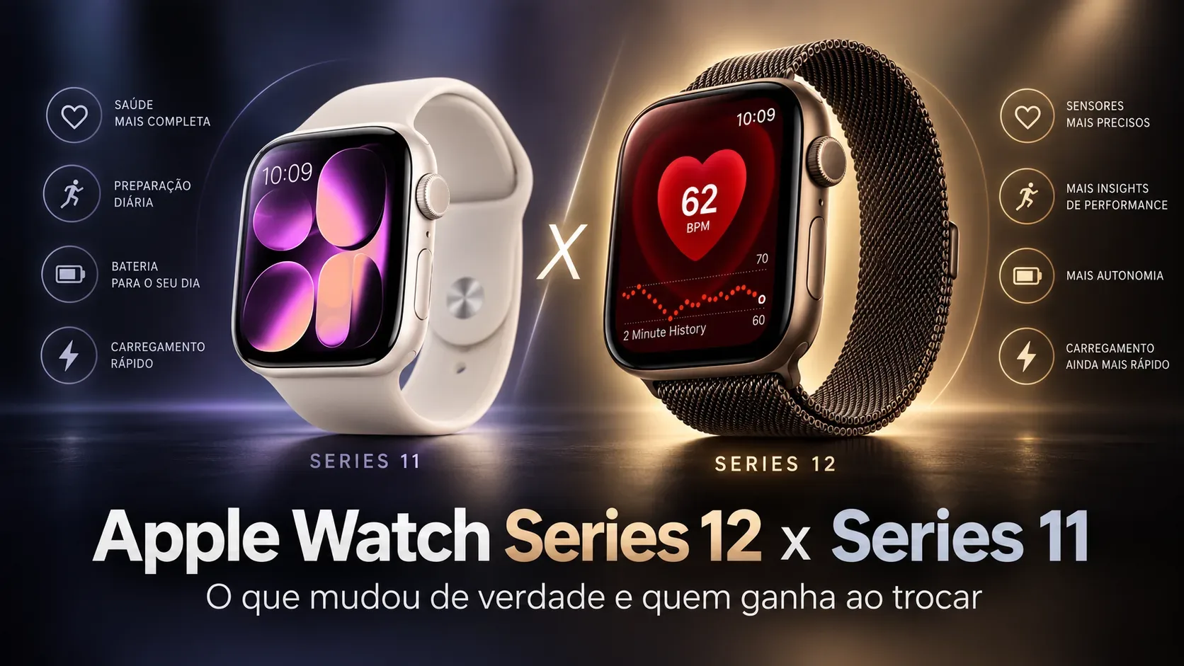 Dois Apple Watches lado a lado, com um modelo claro identificado como Series 11 e outro bronze identificado como Series 12, cercados por ícones de saúde, bateria e recarga.