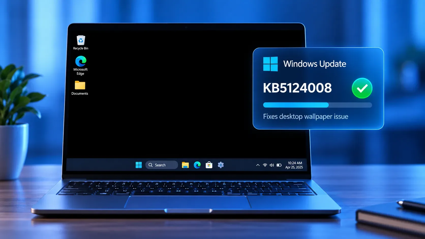 Notebook com a área de trabalho do Windows 11 em fundo preto e um painel azul do Windows Update destacando o KB5124008 como correção.