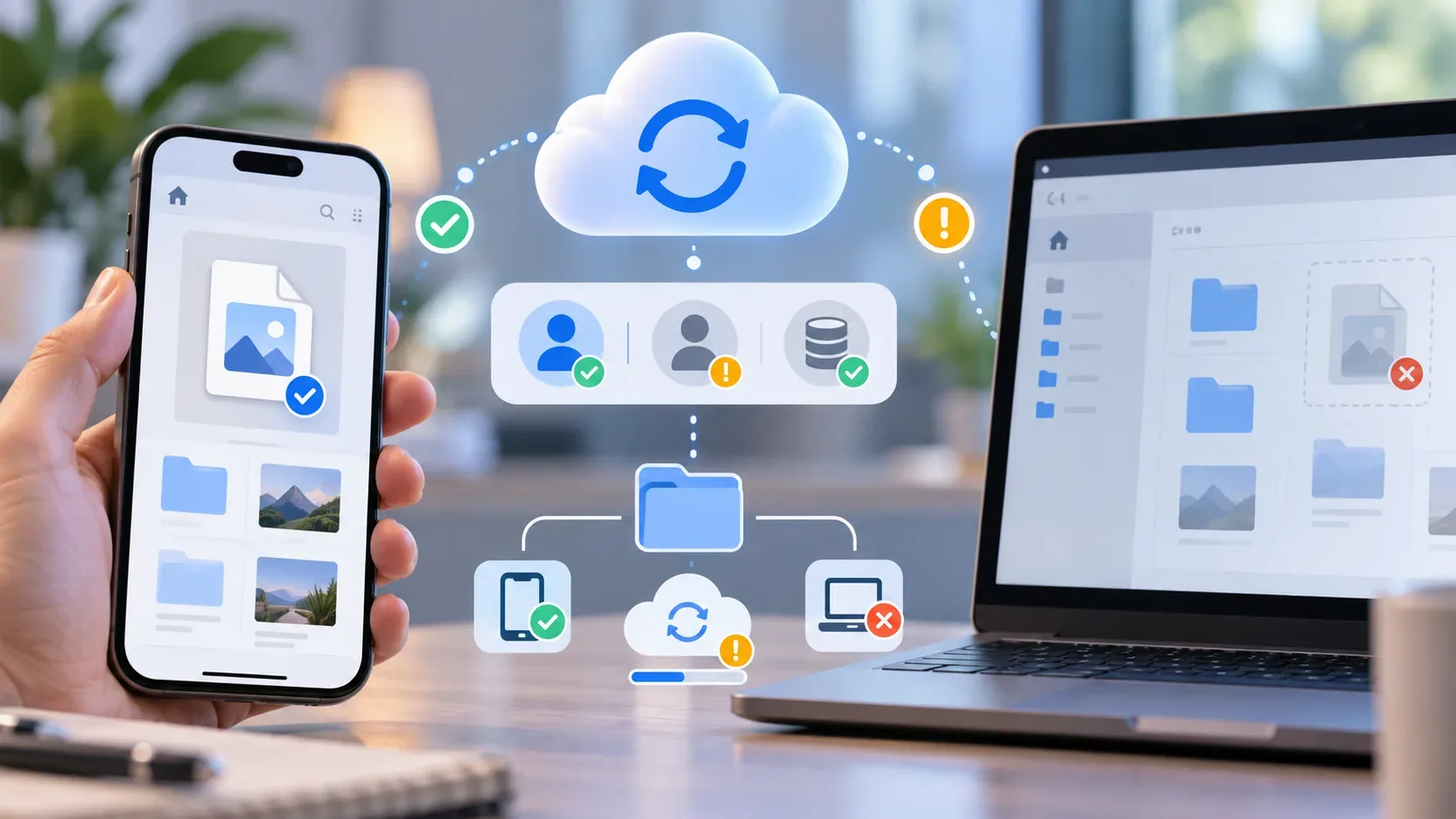Celular exibindo um arquivo ao lado de um notebook onde ele não aparece, com ícones de nuvem, sincronização, conta e alertas entre os dispositivos.