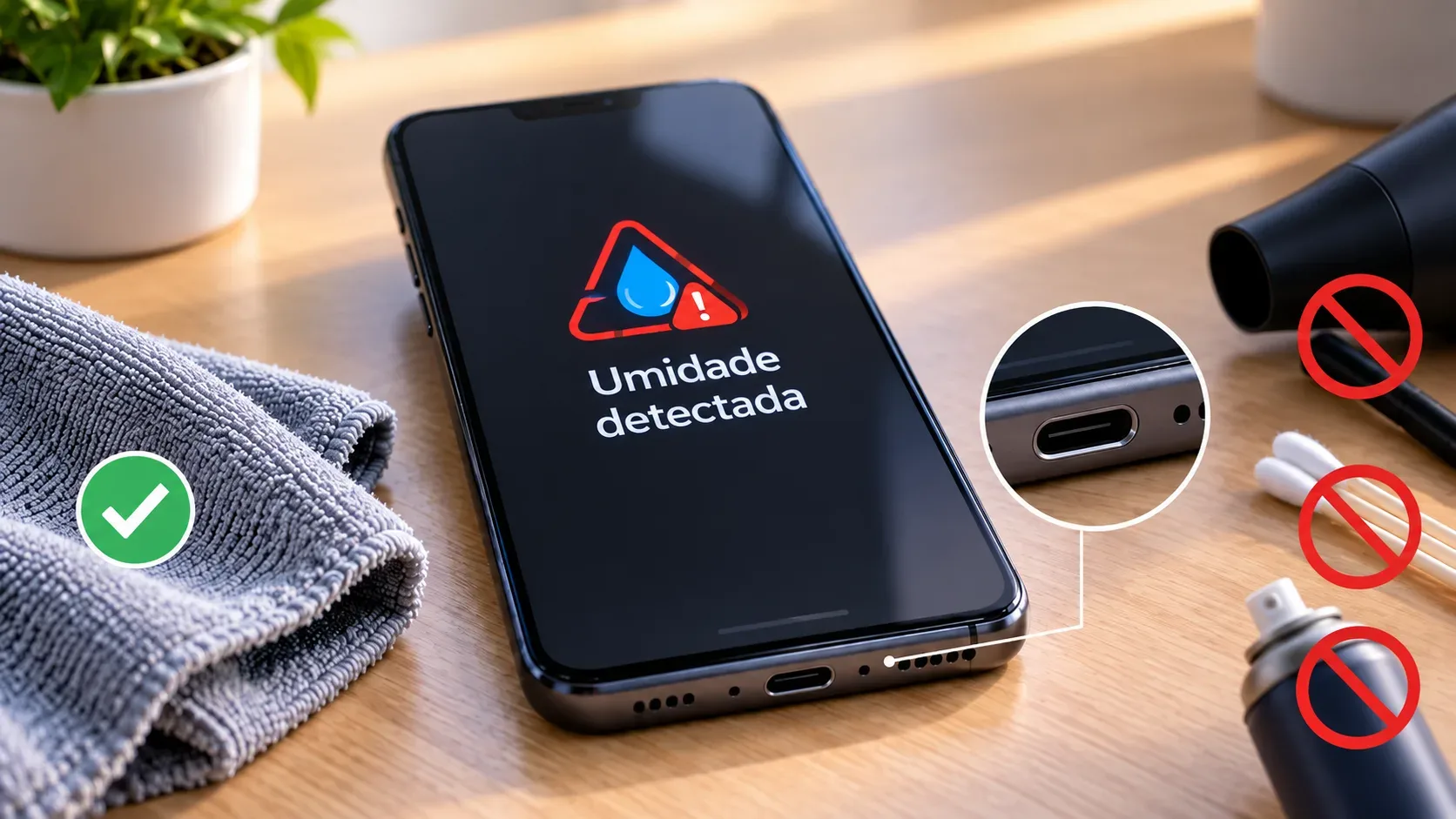 Smartphone sobre mesa com alerta de umidade detectada na tela, pano de microfibra, detalhe ampliado da porta USB e símbolos de proibição sobre secador, cotonetes e spray.