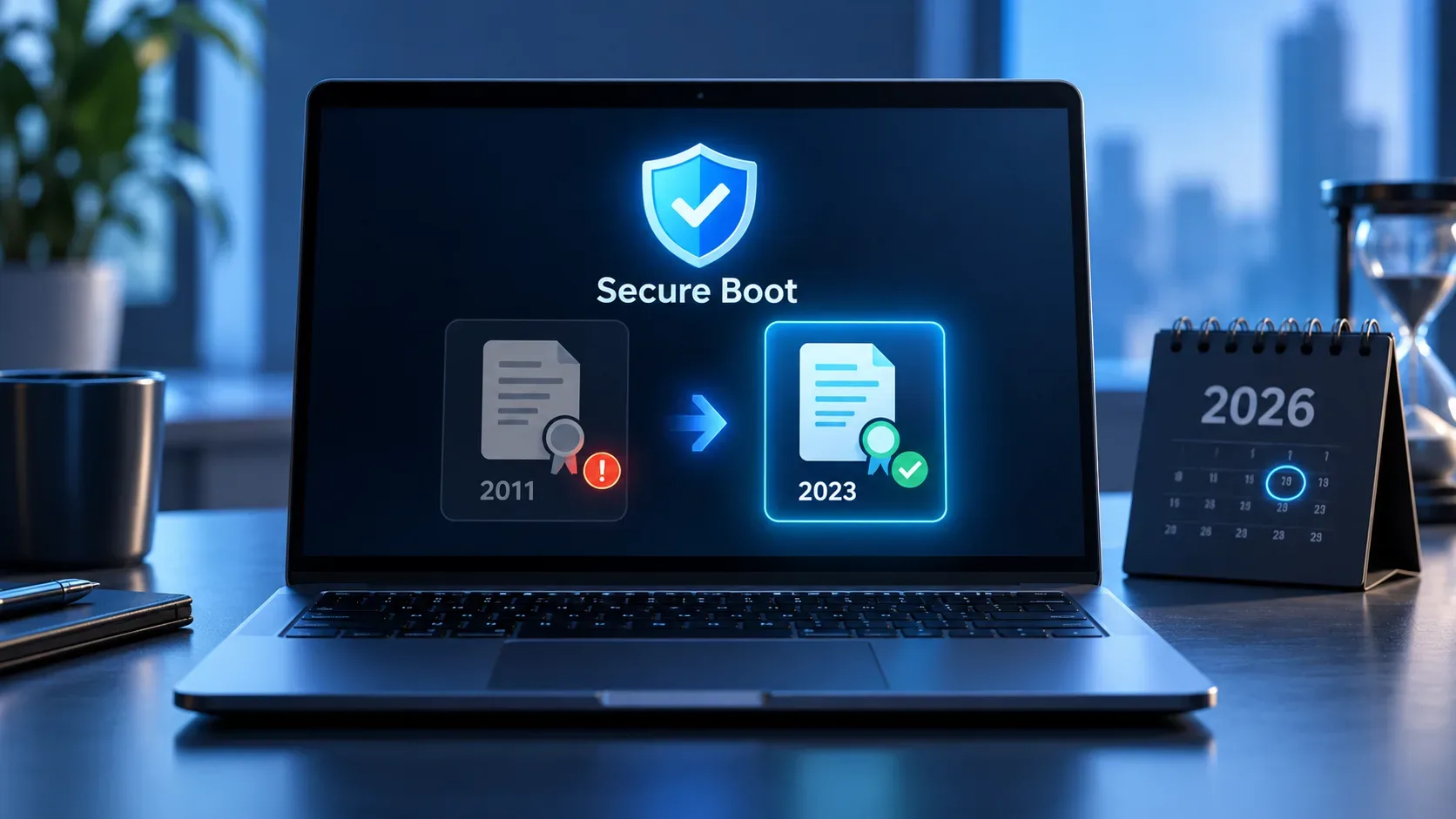 Laptop exibindo Secure Boot, certificado de 2011 com alerta, certificado de 2023 verificado e calendário de 2026 sobre a mesa.