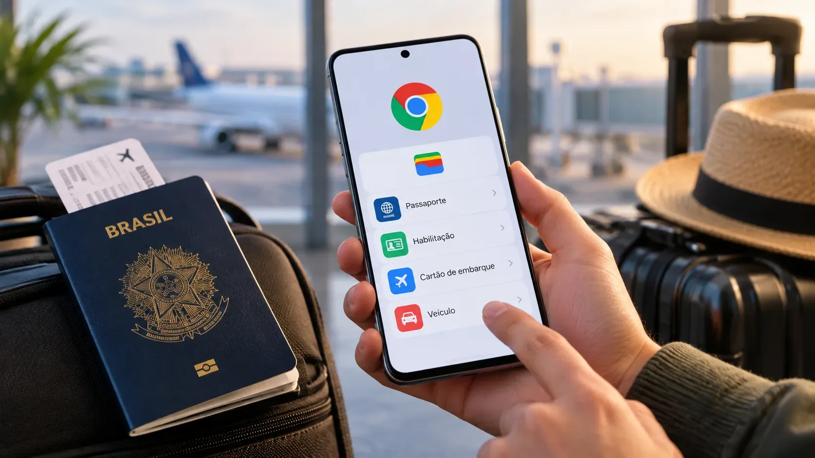 Viajante em aeroporto segura um celular com interface de preenchimento do Chrome e Carteira do Google ao lado de passaporte brasileiro, cartão de embarque e malas.